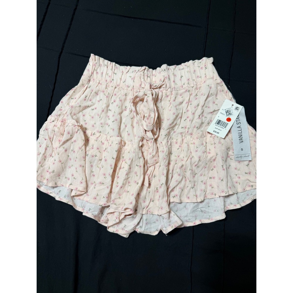 Vanilla Star Women Peach Pink Floral Skirty Short Ruffle Tiered Paperbag Waist S